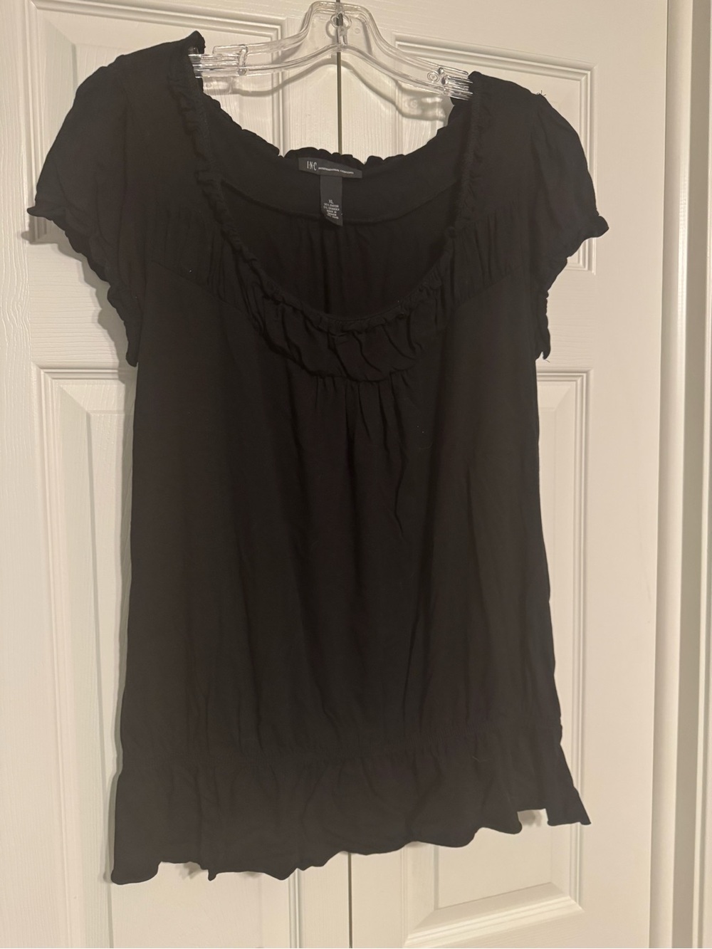 INC International Concepts Black Ruffled Scoop-Neck Short Sleeve top